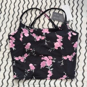 Z Supply Active Floral Pink-Print Black Crop Cami Top